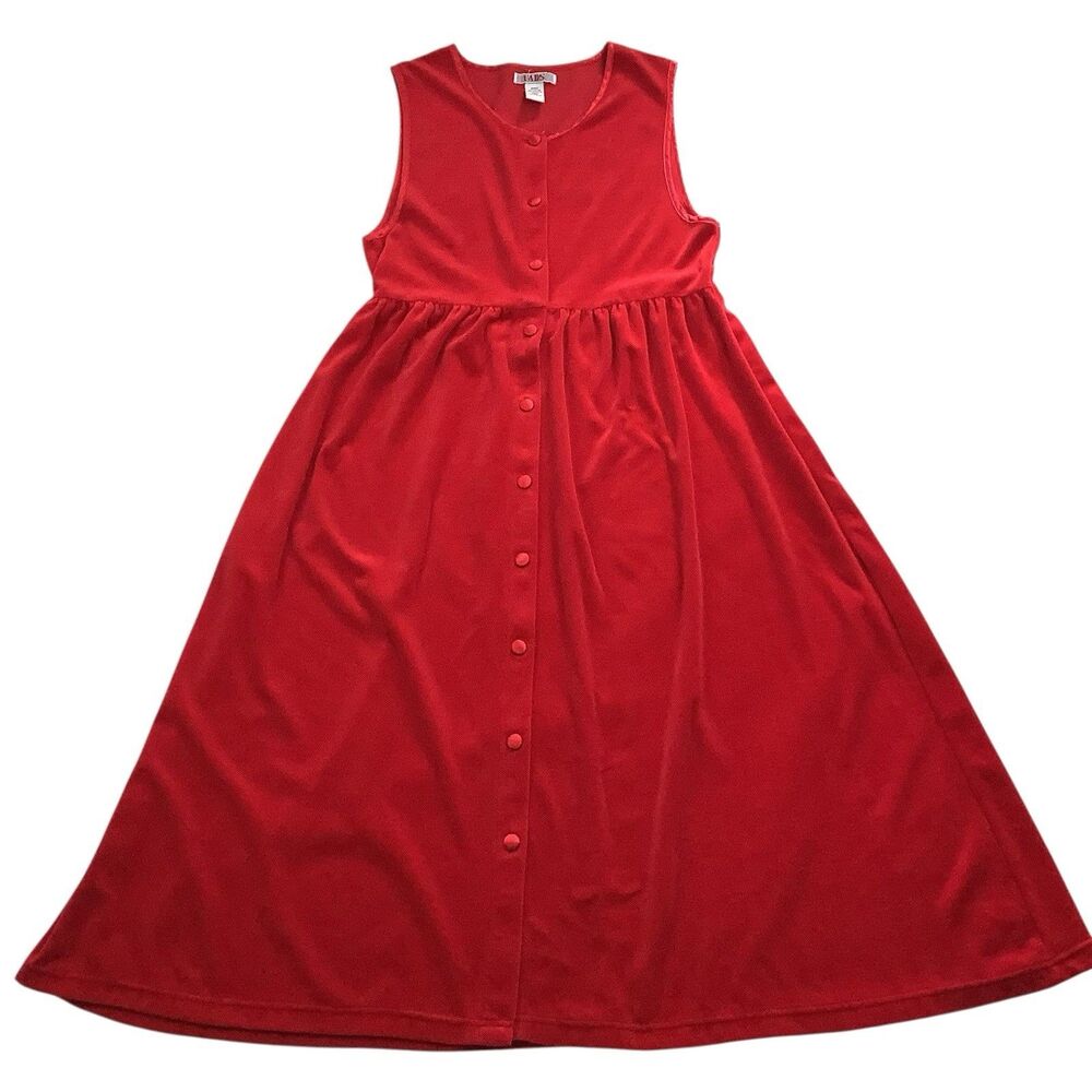 Vintage Red Velvet Midi Maxi Dress L Button Front Pleated A Line Holiday 80s 90s